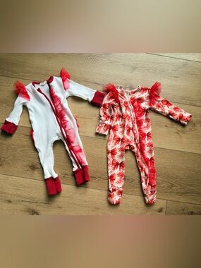 Before & ever Red & White Baby Ruffle Footed Pajamas - 2 Pack 3-6 months